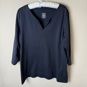 LL Bean Pima Cotton Tunic Womens 2X Plus Black Splitneck 3/4 Sleeve Shirt Top